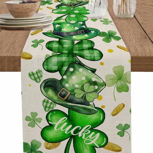 용수철 세인트 패트릭 클로버 럭키 모자, 린넨 테이블 러너, 파티 장식, 세탁 가능한 주방 식탁 러너, 세인트 패트릭 장식  Best5
