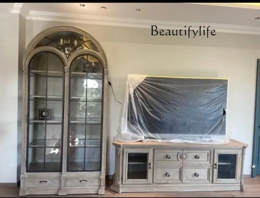 

R NiCe Distressed Semicircle Arch ShowcaseAmerican Bookcase Mild Luxury Retro Sideboard Cabinet Renaissance Wine Cabinet