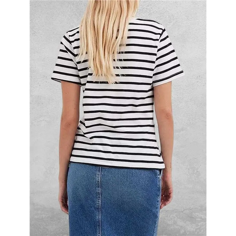 Women's Crew Neck Horizontal Striped Short Sleeve T-Shirt Black L Eco-Friendly