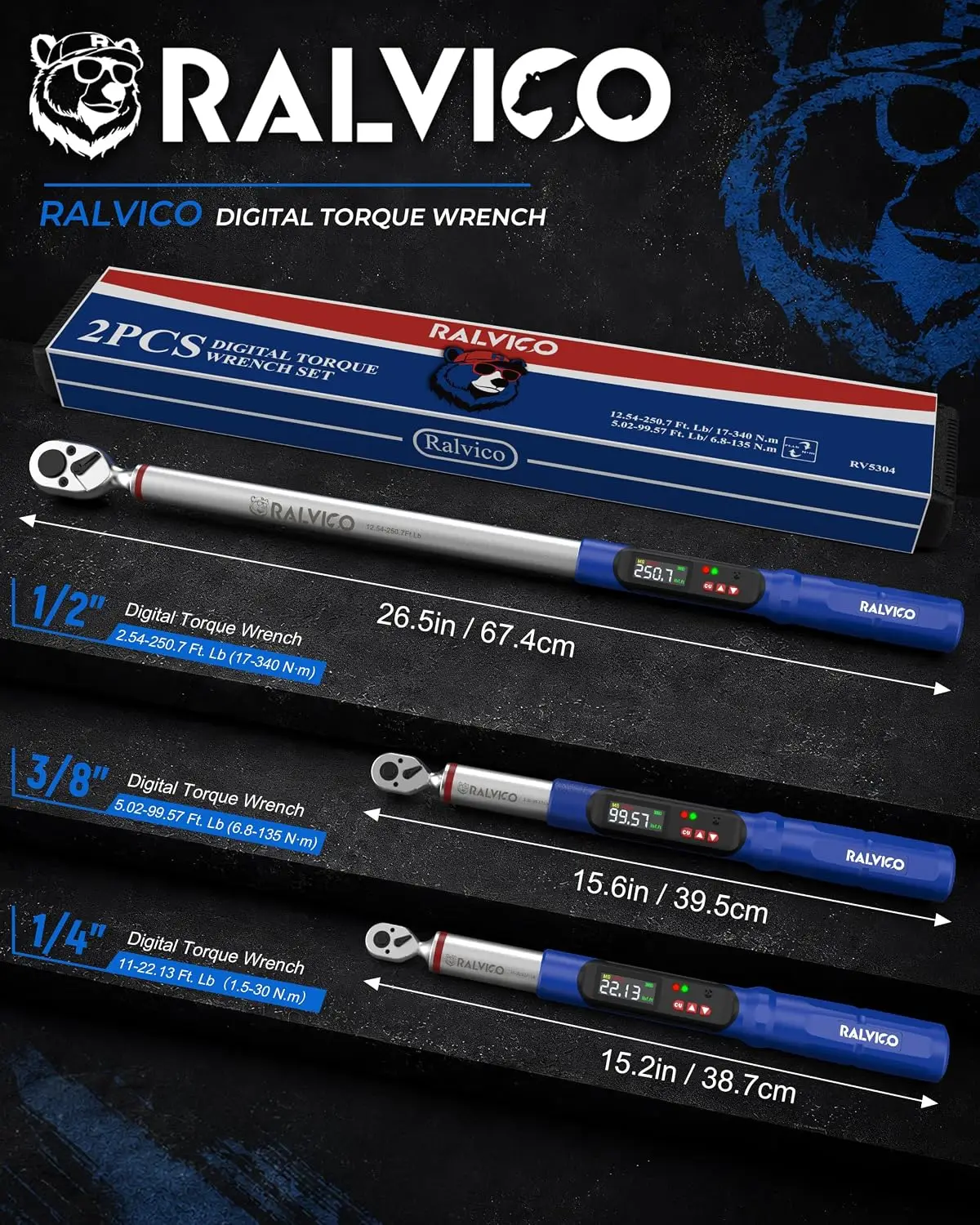 Digital Torque Wrench Set 1/2 & 3/8 Drive for Motorcycle Car Engine
