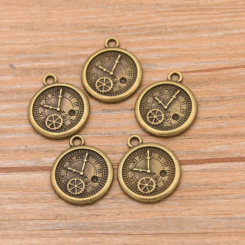 10PCS 18*21mm Two Color Vintage Metal Zinc Alloy Round Steampunk Clock Charms For DIY Necklace Bracelet Jewelry Making Findings