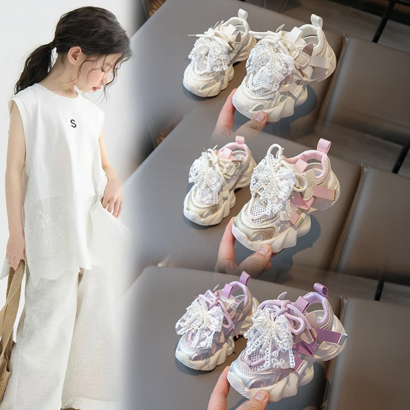 

Летние туфли с жемчужным узлом и бабочкой для девочек, сандалии на плоской подошве с мягкой подошвой, детская обувь для малышей, дышащие кроссовки без шнуровки