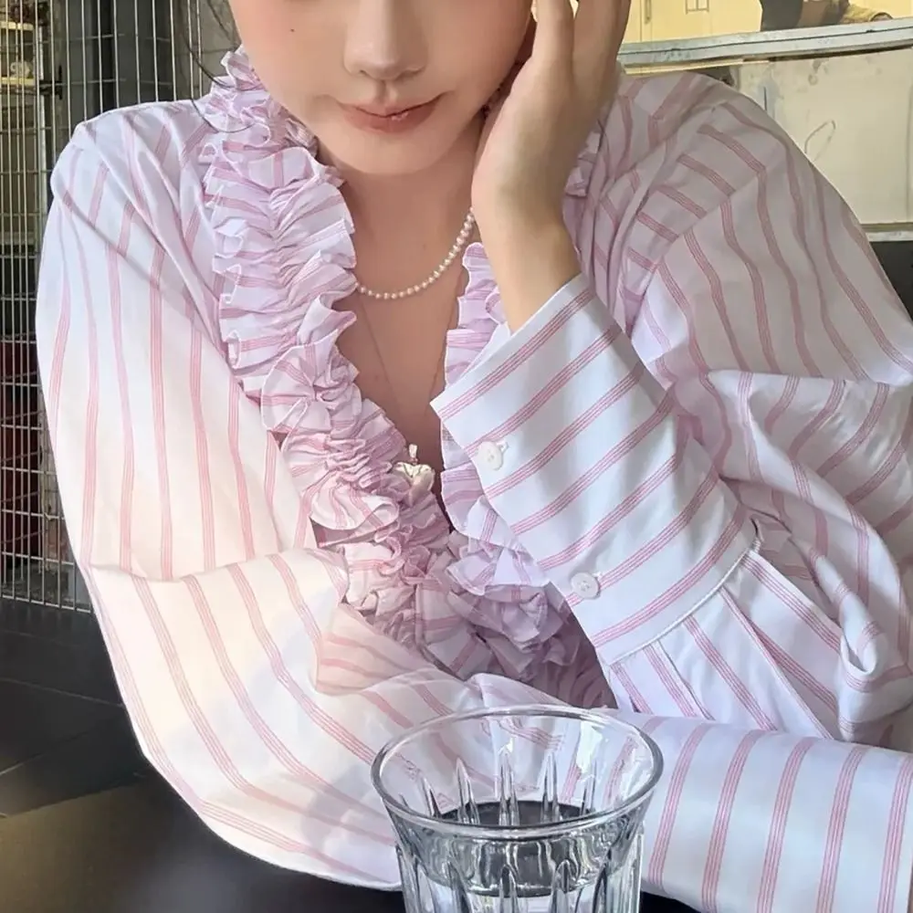 

Fashion Sweet Pink Stripe Blouse Ruffle Loose Deep V Flouce Shirt Thin Tassel Women Shirt Top Beach