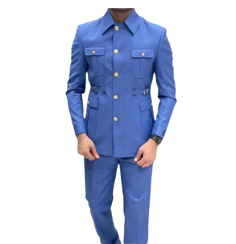Luxury Royal Blue Men Safari Suit 2 Pieces Lapel Collar Multi Pocket Waist Belt Gold Button Wedding Party Business Casual Blazer