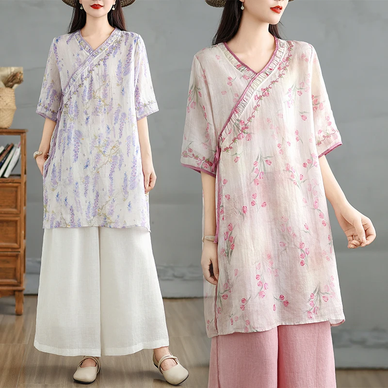 

Elegant Embroidered Cotton Linen Tea Shirt Slanted Buttonhole Mid-Length Loose Fit Breathable Summer Women's Shirt