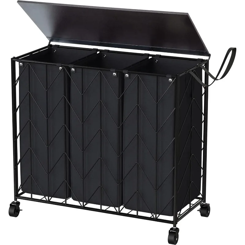 

Laundry Basket with Wheels, 142L Hamper 3 Section with Lid, Dirty Clothes Hamper with Removable Bags, Large Capacity Iron