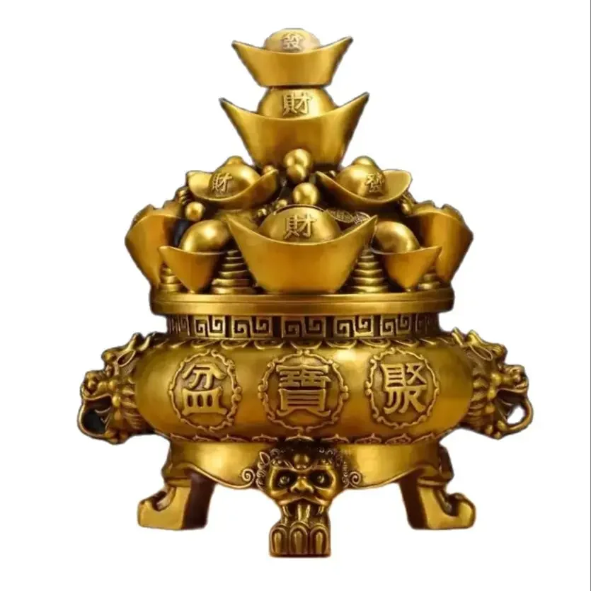 Brass Treasure Bowl Tripod Open Cover Yuan Bao Incense Burner Ornament