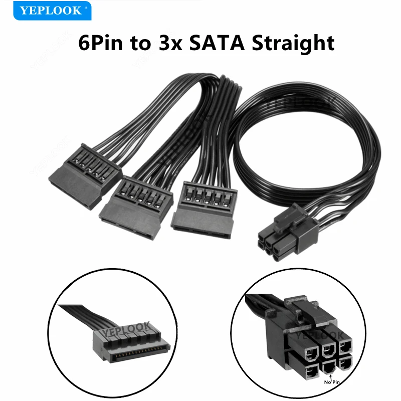 6Pin to 3 SATA Male Straight Hard Drive Disk SSD Power Cable for Corsair AX760 AX860 Modular Power Supply Unit 18AWG 50+15+15CM