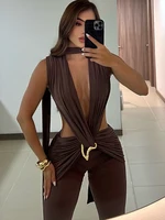 Nibber Metal Trim Jumpsuit Women Ruched Sexy Waistless Cross Hollow Bandage Coquette Midnight Workout Hipster Stretch Overalls - Image 2