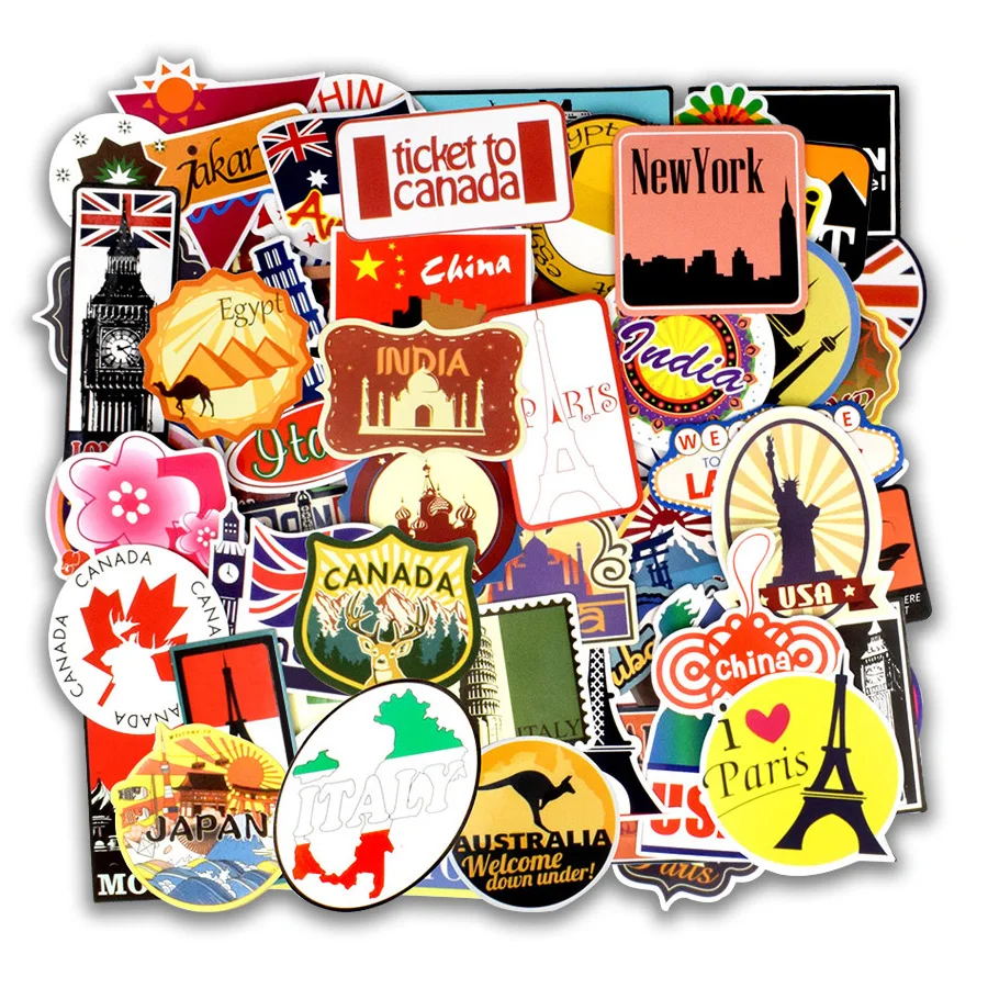 100PCS Retro Traveling Scrapbooking Stickers World Cultural Building Waterproof Decal Sticker for Kid Bedroom Luggage Decoration