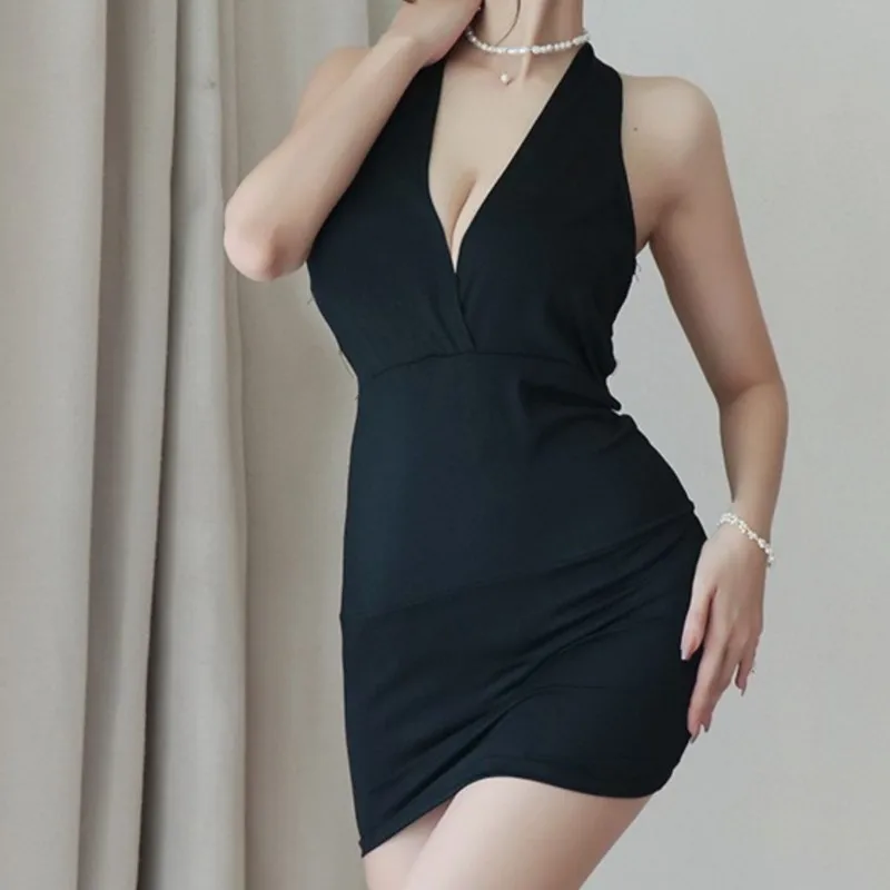 Robe d'été dos nu en V profond pour femmes, uniforme sexy, tenue de discothèque séduisante, tenue de secrétaire, vêtements OL, robe de soirée