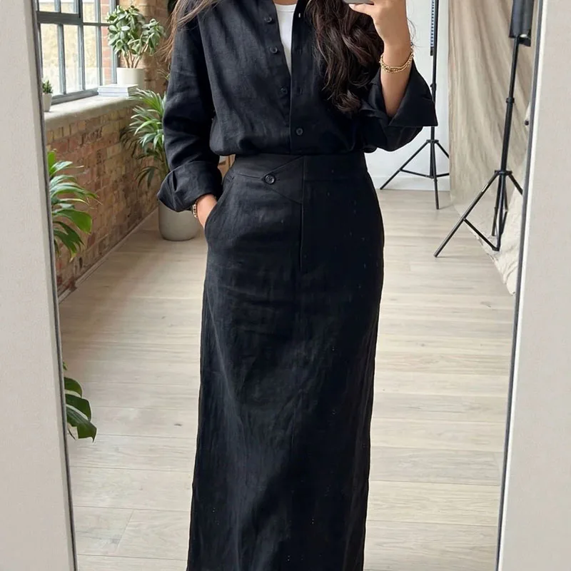 

Spring Solid Cotton Linen Skirts Suit for Women Casual Long Sleeve Button Lapel Shirt & Bodycon Skirt Oufits Vintage Office Sets