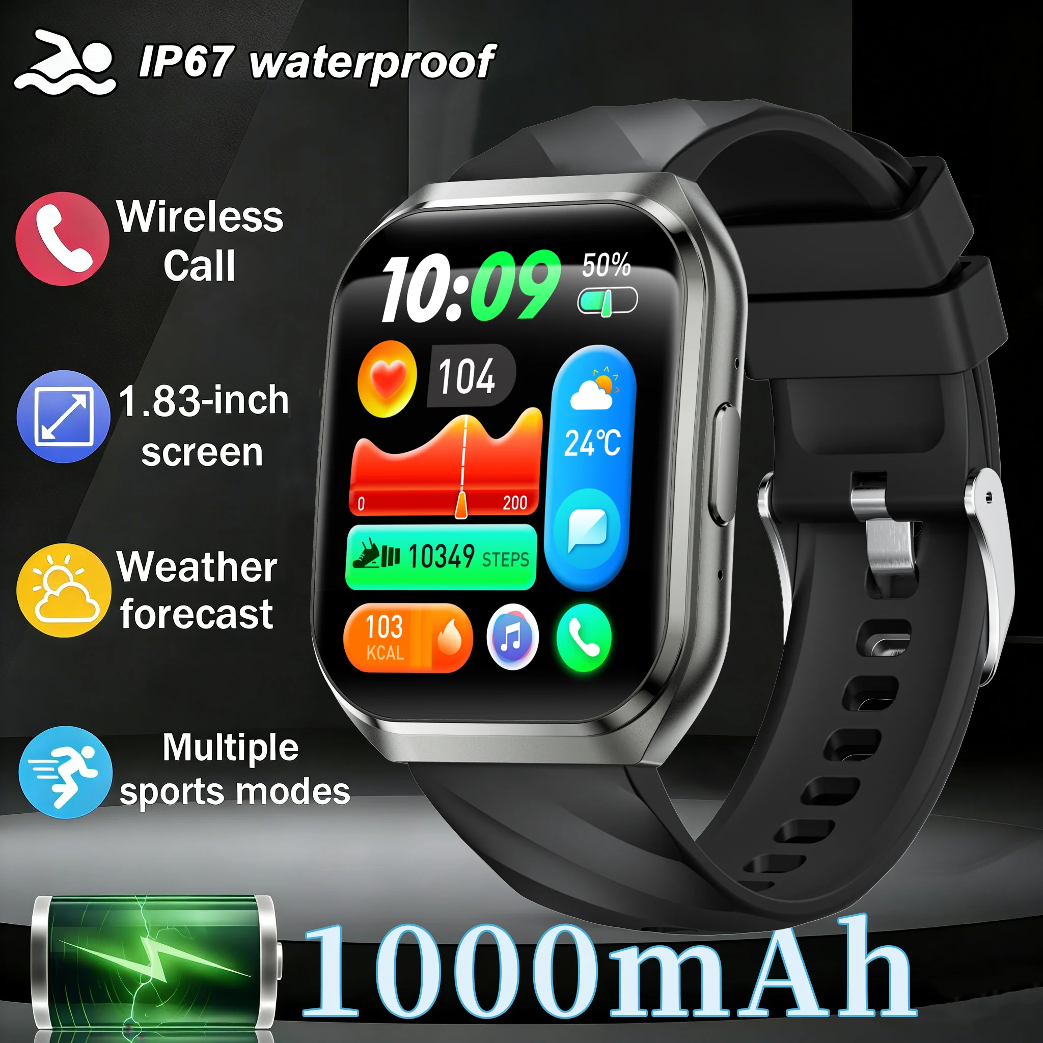 

2025 Новые уличные военные умные часы для мужчин 1,83 дюйма AMOLED IP67 Водонепроницаемые 1000 мАч Супер большая батарея BT Call Watch