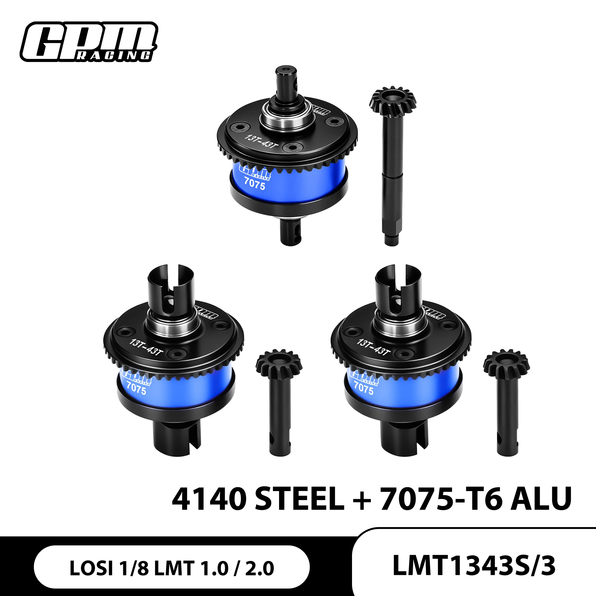 GPM 4140 Steel 7075 Alloy F&R & Center Differential Set 13/43T/1.0M LOSI 1/8 LMT LOS04021 LOS04022