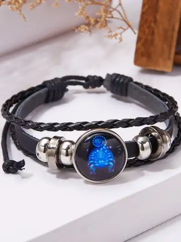 12 Constellation Zodiac Sign Charm Luminous Bracelets Men Women Vintage Multilayer Wrap Leather Bracelet & Bangle Birthday Gift