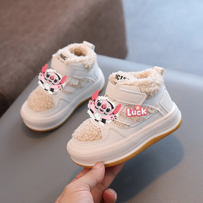 

Stitch Kids Cotton Shoes Plus Fleece Thermal Gaobang Casual Shoes Disney Winter New Baby Soft Sole first walkers Girls Sneakers