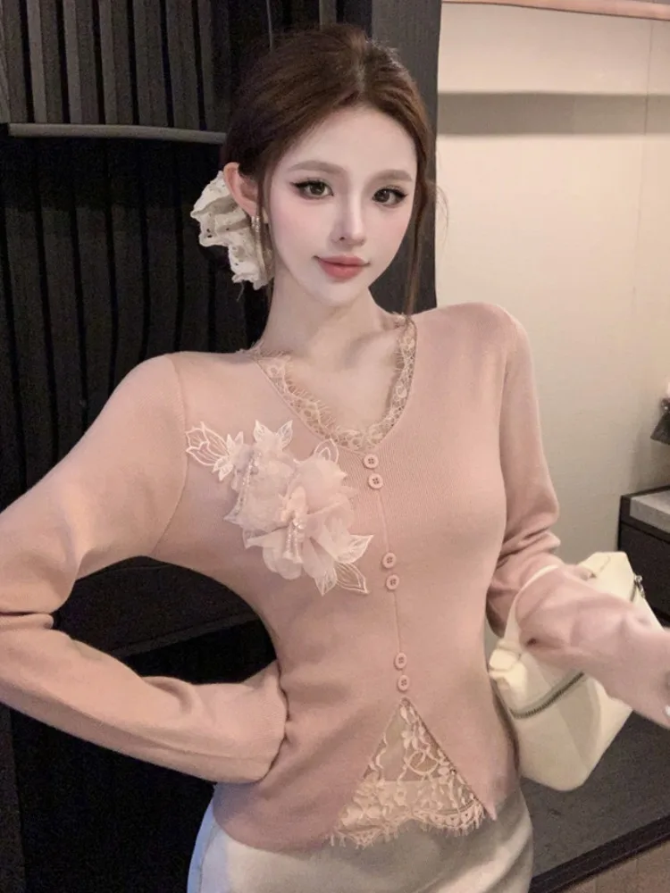 

Slimming Short Knitted Cardigan V-Neck Long Sleeve Floral Design Autumn Winter New Style Sweet And Spicy Girl Style