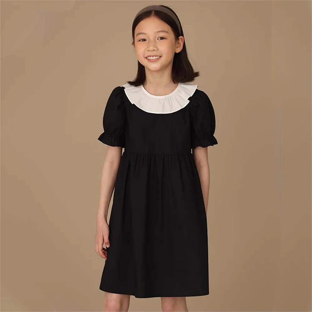 

Mommy and Me Matching Black Dresses Kids Summer Cotton Puff Sleeve Casual Dress for Teens Girls Cotton Lace Ruffle Neck Clothing