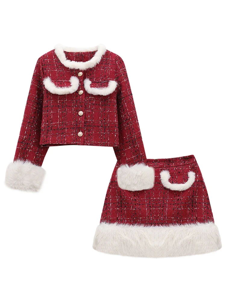 UNXX Christmas and New Year 2024 Winter New Quilted Furry Jacket and Skirt Fashion Two-Piece Set Female Office Lady Clothing