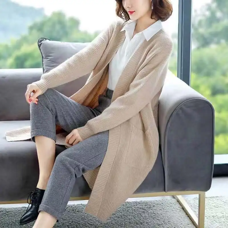 Cardigan sweater core-spun yarn Korean loose mid length over knee knitted cardigan flesh long sleeve solid cardigan female coat