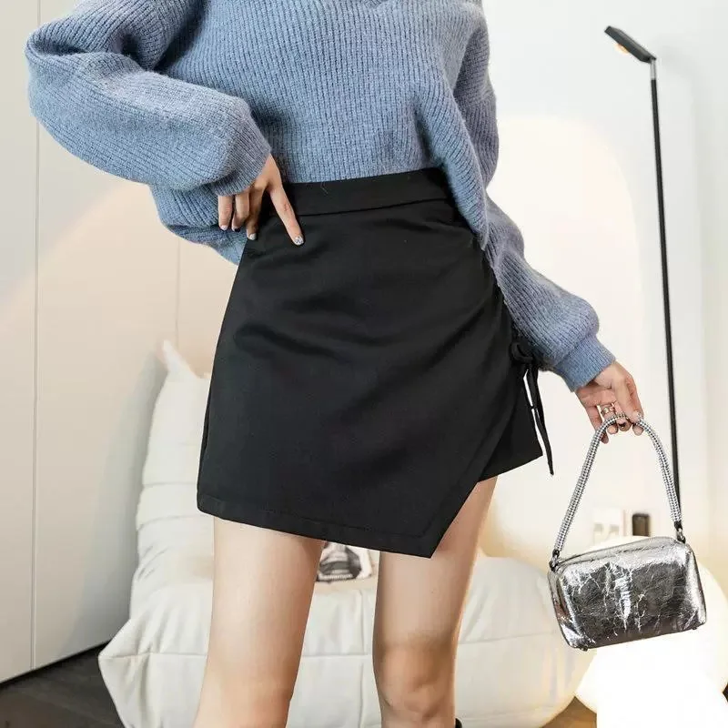 

Fanceey новая женская юбка с высокой талией, утягивающая юбка трапециевидной формы, дизайн, мятые стильные однотонные юбки на шнурке для женщин Гольф