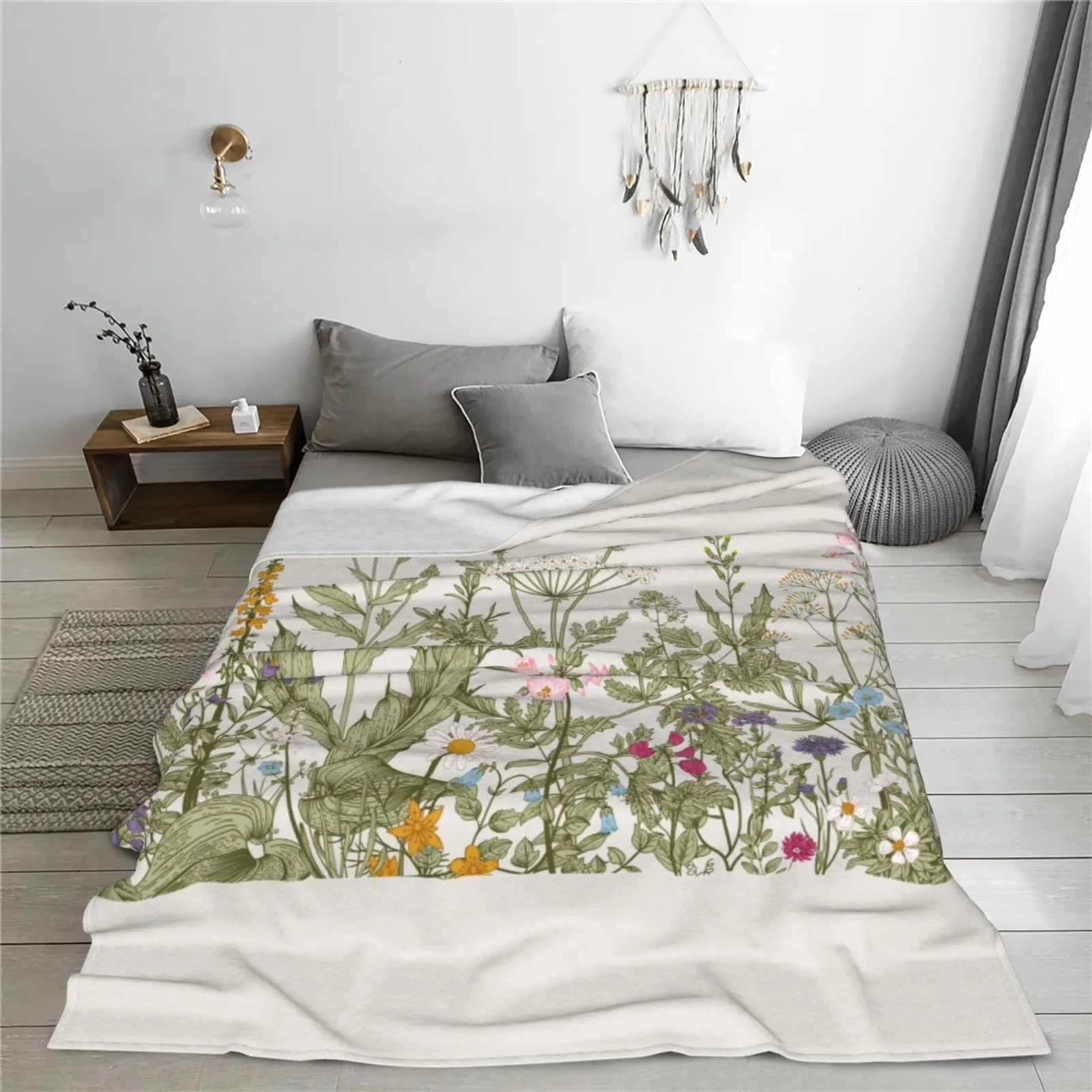 Wildflowers Herbs Print Flannel Fleece Throw Blanket Soft Plush for Sofa Couch
