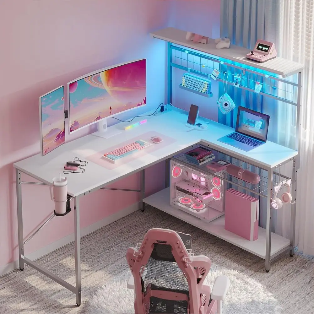 

Игровой стол L-образной формы 51 дюйм, с розетками и LED-подсветкой, 4-уровневыми полками, реверсивный геймерский стол с крючками и подставкой для стаканов