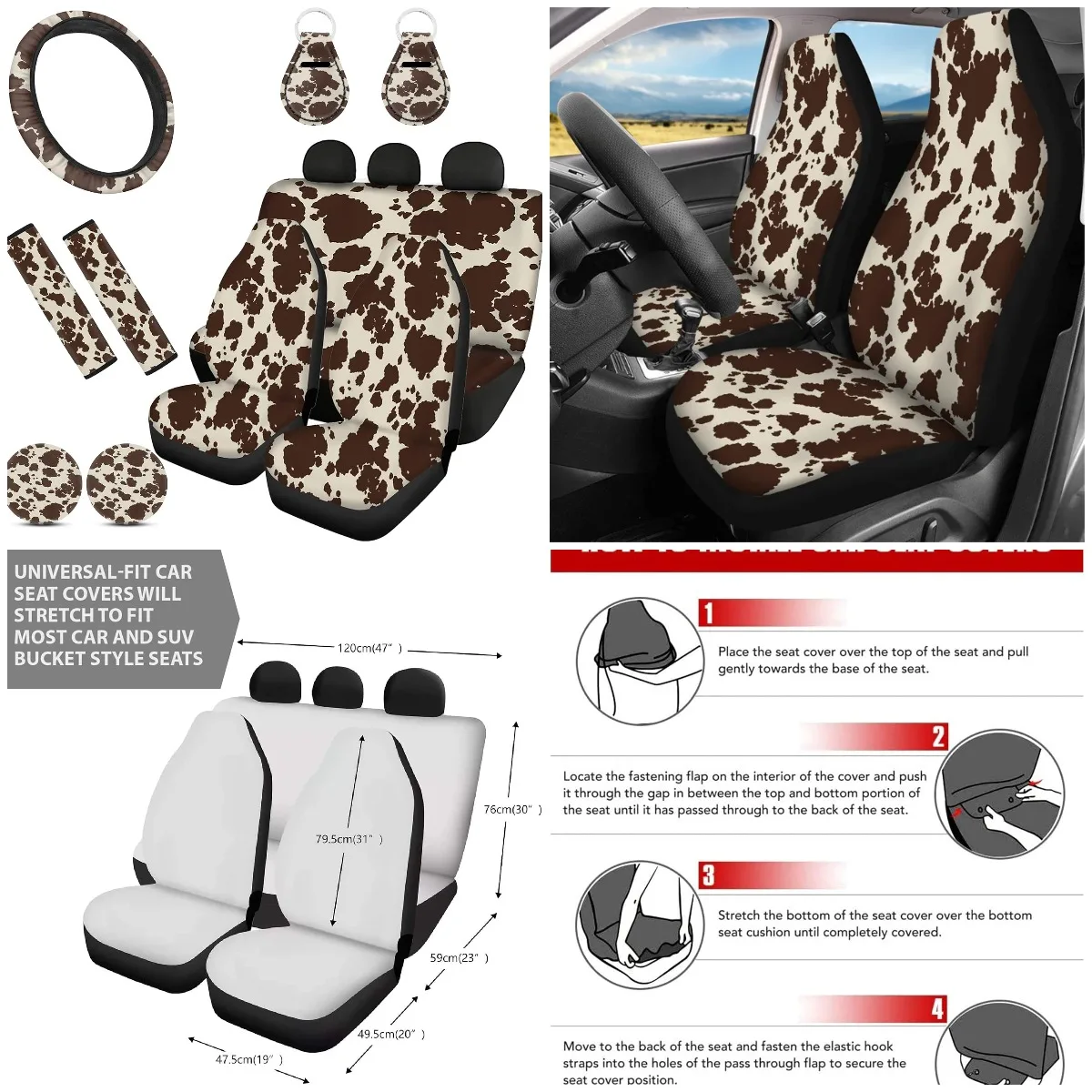 

Brown Cow Print Car Seat Covers for Front & Back Seats, Animal Fur Steering Wheel Cover, Seat Belt Pads, Cup Holder Coaster, Key
