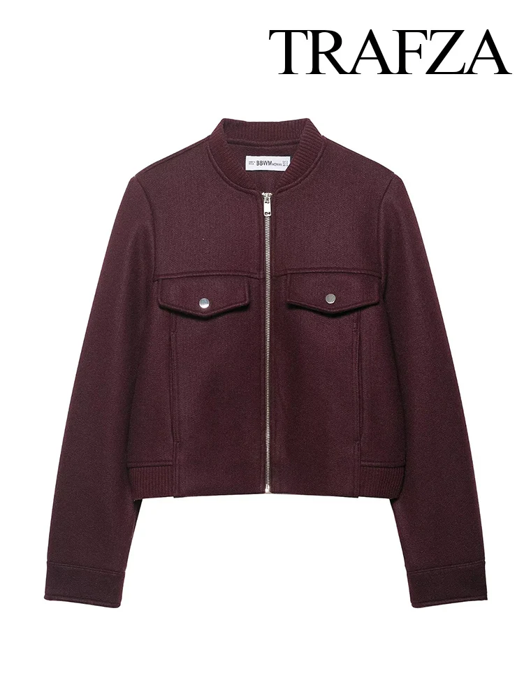 

TRAFZA Women's Autumn Fashion Versatile Round Neck Soft Short Jacket Female Elegant High Street Casual Zipper Long Sleeve Jacket