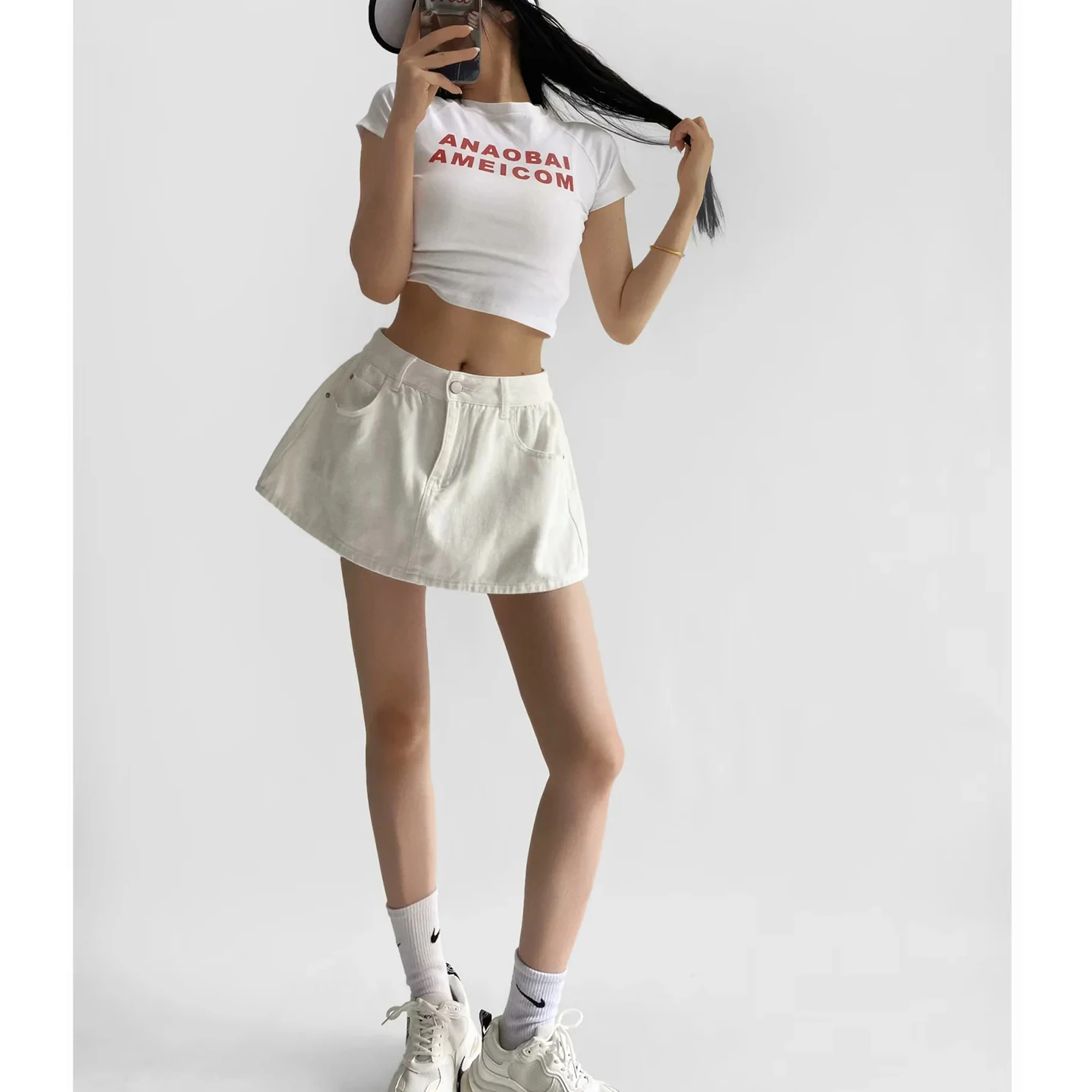 

Summer New Retro Sle High Waist A-Line Skirt Women's Denim Skirt Anti-Light Bot Flared ort Length Polyester Fiber