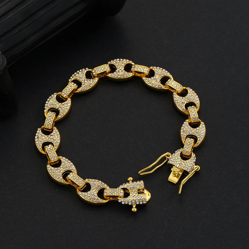 HipHop Men Women 12mm Coffee Bean Cuban Link Chain Bracelet Bling Iced Out Rhinestone Paved Miami Cuban Chain Jewelry