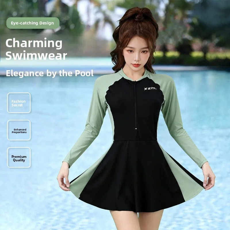 2025 New plus Size  Swimsuit Women's Conservative Thermal Bathing Suit Slimming Fitness Leisure Swimwear