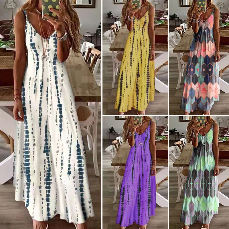 

Summer Women Sexy Spaghetti Strap Maxi Dresses Vintage V-Neck Sleeveless Dress Casual Female Camisole Long Party Dress Vestidos