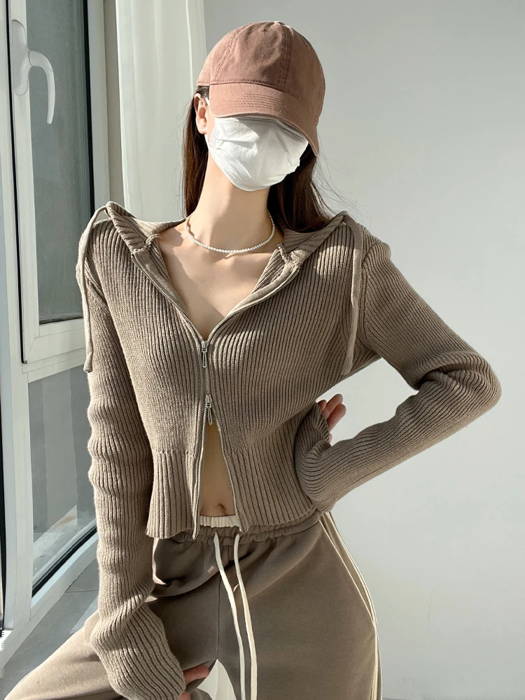 

American Retro Hooded Double Zipper Knitted Cardigan Women's Autumn Winter Long Sve Lazy Sle Thiened Sweater ort Jaet