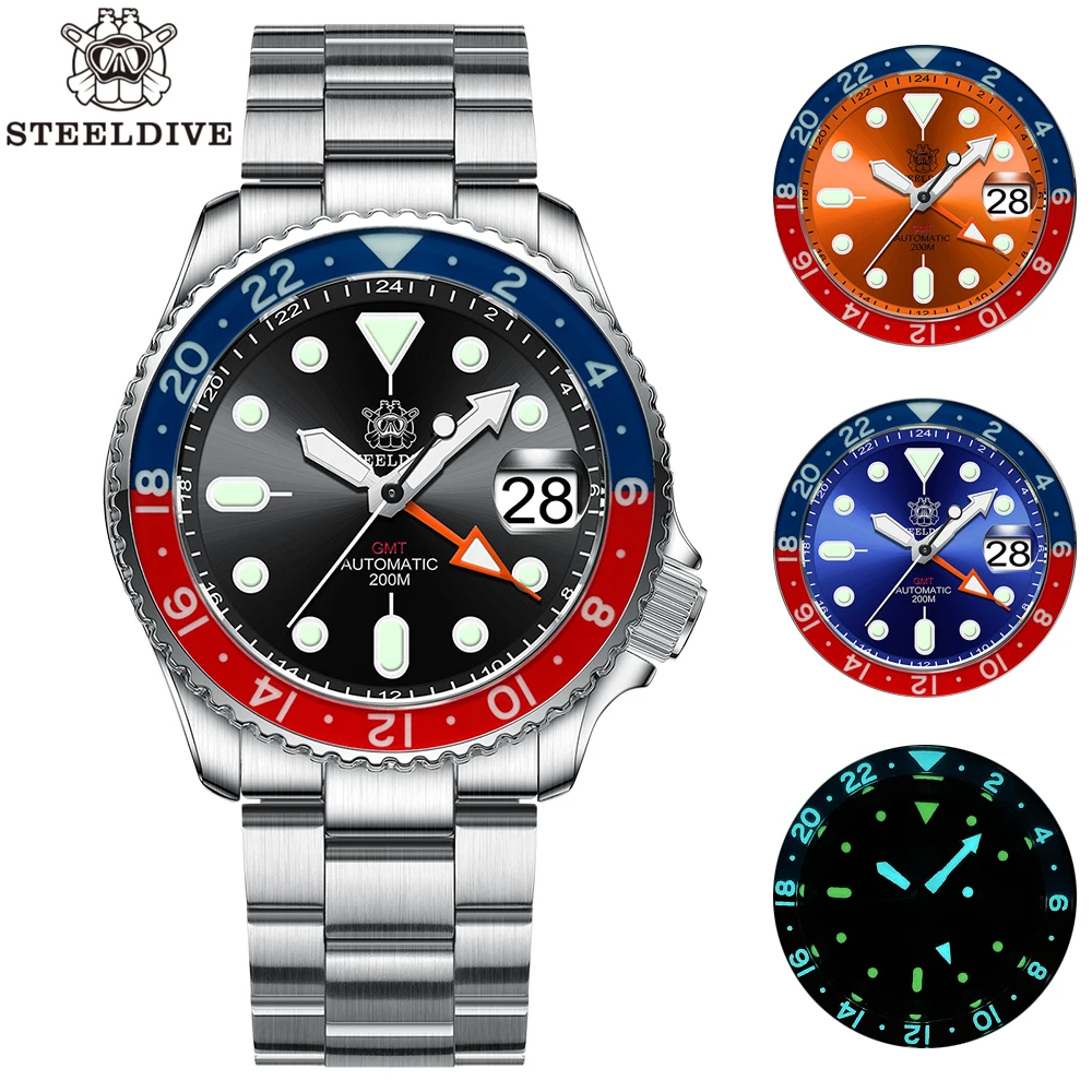 

New STEELDIVE 42mm GMT Mechanical Watch For Men NH34 Automatic Movement Dive Watches Luxury Sapphire 200M Waterproof Wristwatch