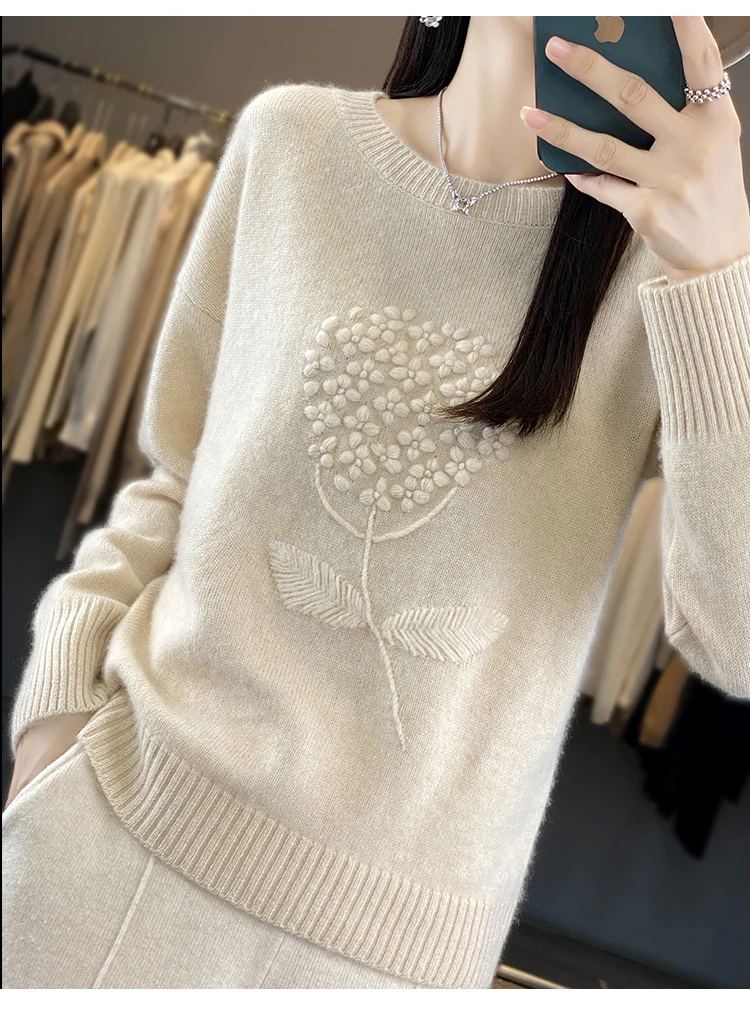 Chic Women's Pullovers O-Neck Twist Flower 100% Merino Wool Basic Soft Warm Casual Loose Mori Girl Style Clothing Tops