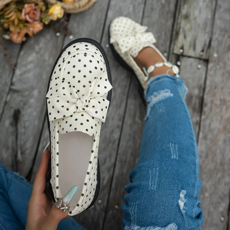 Spring Autumn New Polka Dot Bow Decor Thick Soled Women's Loafers 2026 Fashion Retro Style Round Toe Casual Comfort Women Shoes