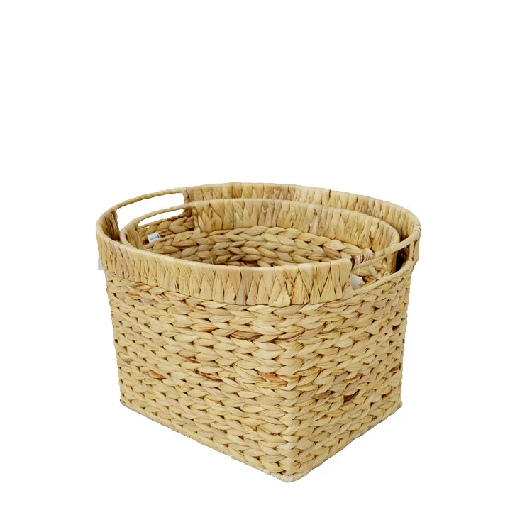 Customized set of two natural water hyacinth grass hand woven storage basket storage basket with built-in handle