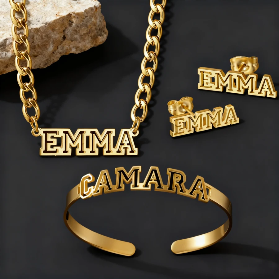 Acheerup Personalized Hollow Name Bangle Necklace Stud Earrings for Women Set Stainless Steel Custom Thick Chain Jewelry Gifts