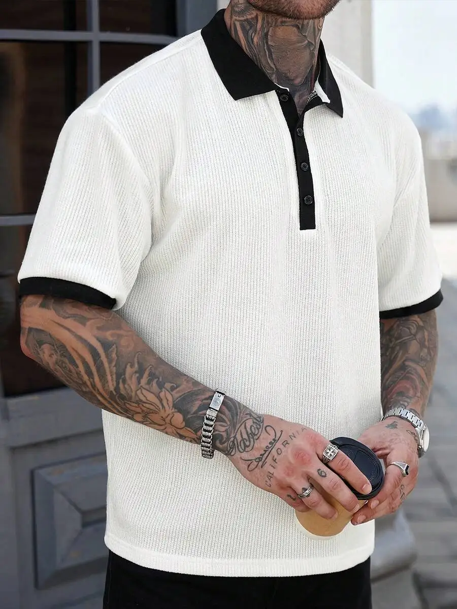 

Men's Off-White Ribbed Knit Polo Shirt with Black Collar and Cuffs
