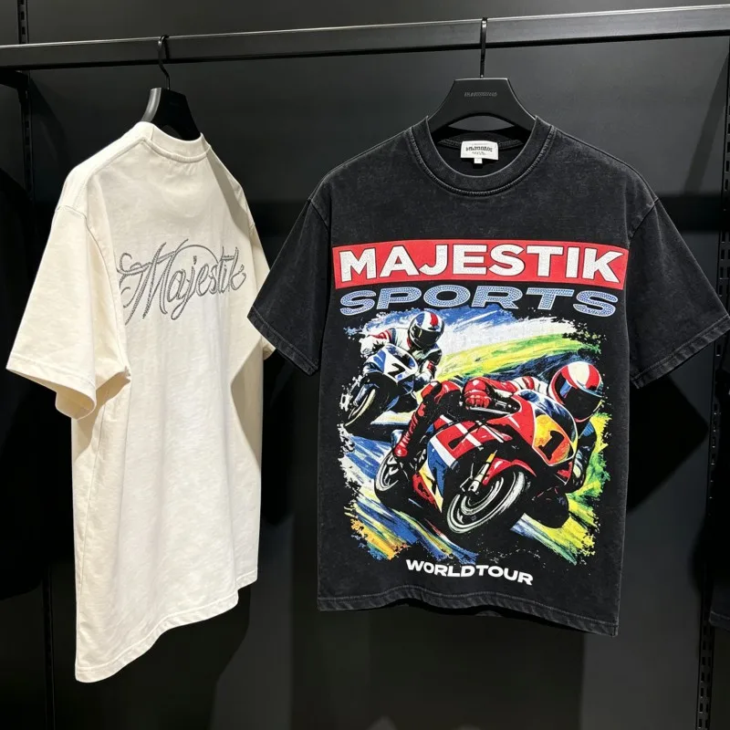 Ink Printed Racing Graffiti MAJESTIK Tshirts Men Women Hiphop Street Outfit Vintage Distressed Rhinestone Letter Short Sleeve