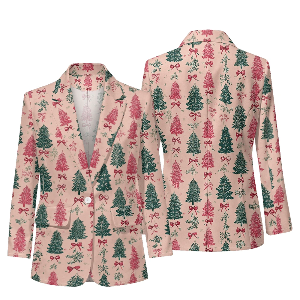 

Christmas Holiday Blazers Collection Festive Holly Leaf Snowflake Floral Print Jackets for Women's Party Wear Office Fashion