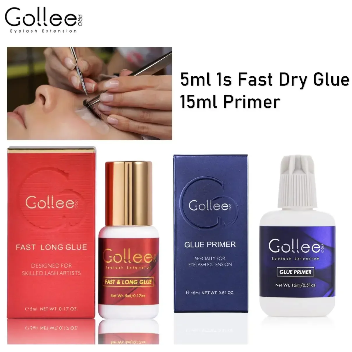 Gollee Lash Primer & Eyelash Extension Glue No Tears Formula 1S Drying Retention 6-8 Weeks Thin Lash Adhesive Professional Use