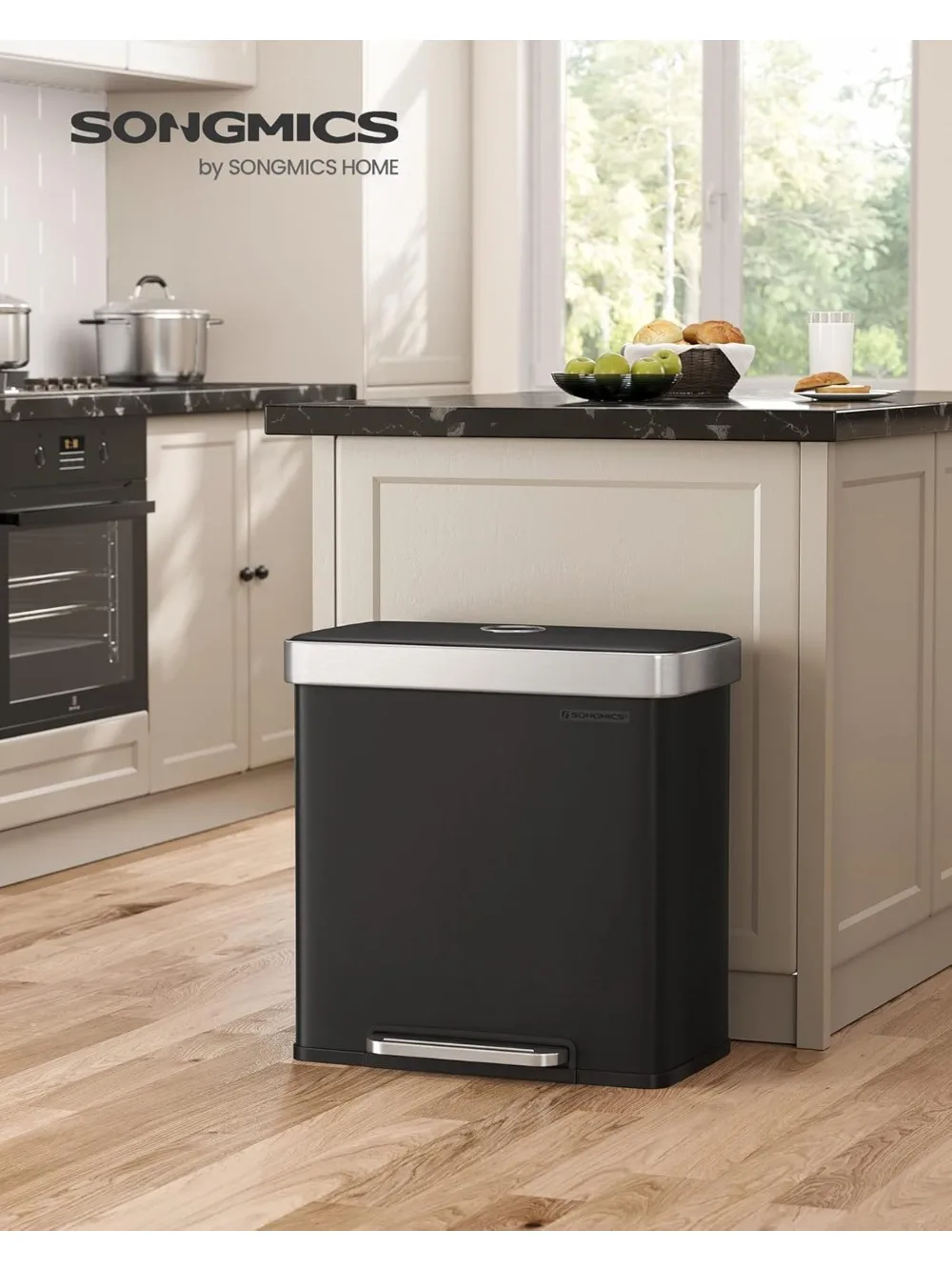 سلة مهملات المطبخ ذات المقصورة المزدوجة سعة 16 جالونًا مع دواسة، وغطاء مفتوح، وصندوق إعادة تدوير من الفولاذ المقاوم للصدأ للمنازل الحديثة