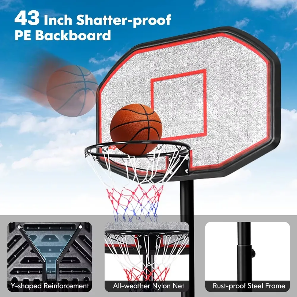 Goplus Aro de baloncesto portátil para exteriores, soporte de baloncesto ajustable en altura de 6,5 pies a 10 pies con ruedas, tablero trasero de 44 pulgadas, rellenable