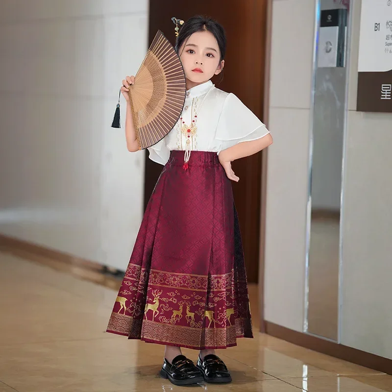 Chinese Style Tang Suit National Daily Horse Face Skirt Suit Girl Improved Navy Blue Print Hanfu