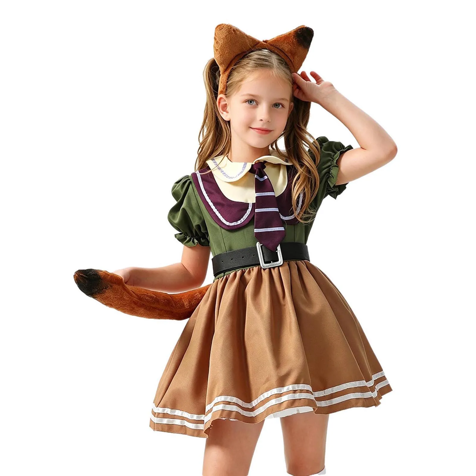 Kids Girls Animal-themed Costume Lapel Puff Sleeves Ruffled Princesss Dress with Faux Tail Necktie Hair Hoop Halloween Dress Up