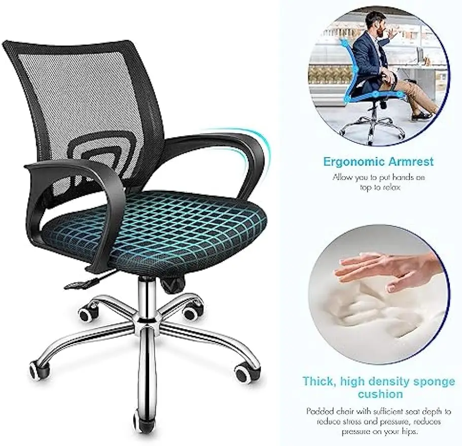 Chaise d'ordinateur ergonomique en maille avec roues et bras, chaise d'étude, support lombaire réglable, recommandé, bureau