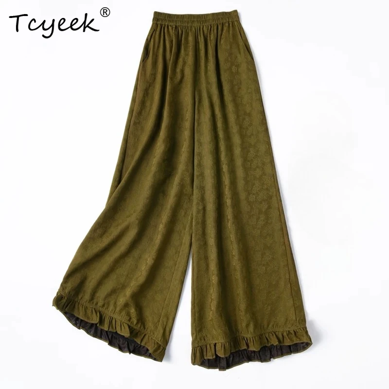 Tcyeek 100% Real Mulberry Silk Casual Pants Woman Clothes Wid Leg Pants Women Skin-friendly Summer Trousers Pantalon Pour Femm