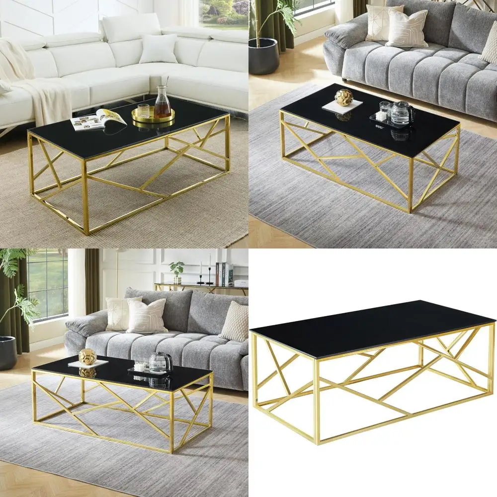Modern Minimalist Tempered Glass Rectangle Coffee Table with Gold Metal Frame for Living Room
